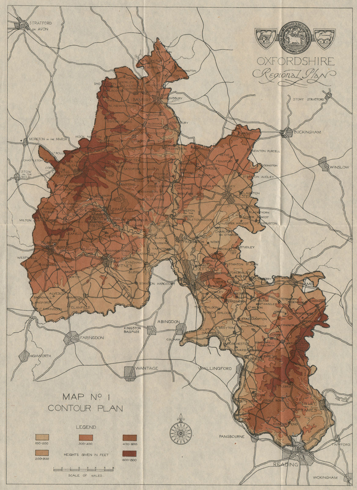 OXFORDSHIRE PHYSICAL. Relief/contours. ABERCROMBIE 1931 old vintage map chart